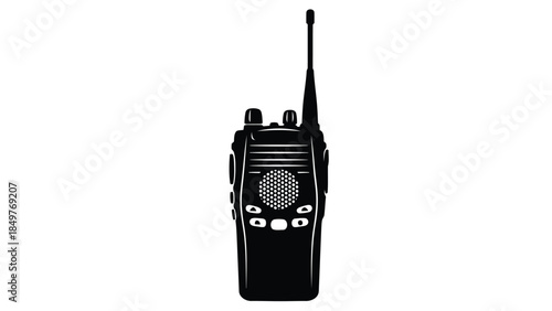 Black silhouette of a handheld two-way radio with antenna isolated on white background
