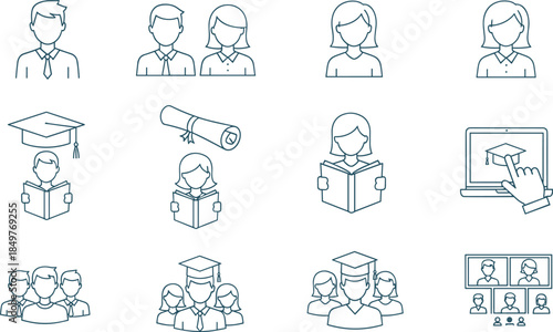 Education people and student avatars line icons set, online learning, graduation, reading, e learning, academic community, school and university symbols