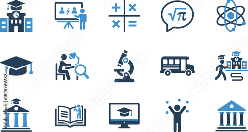 Education and science icon set collection, school, mathematics, research, online learning and graduation symbols, modern flat vector illustration for web, app and infographic design