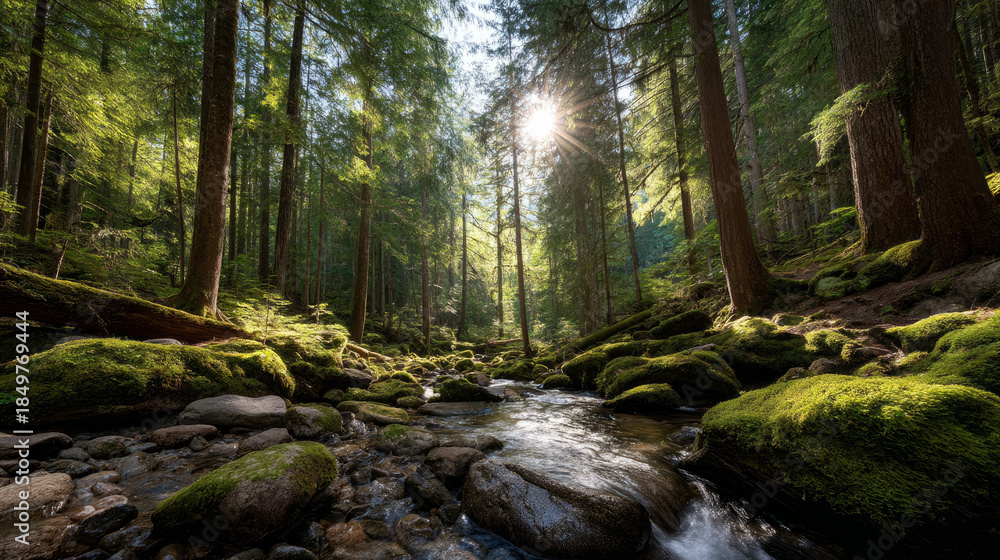 Fototapeta premium Beautiful forest background for screensaver. with sunbeams. Calm close-up of fairytale forest and nature landscape, panorama. Summer vacation, holiday, amazing nature.