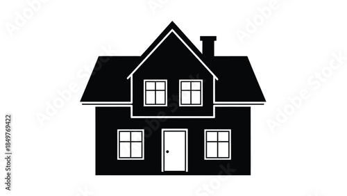 Minimalist black silhouette of a two-story house with white outline isolated on white background