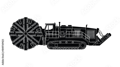 Black silhouette of a tunnel boring machine on a isolated on white background