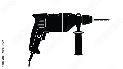 Black silhouette of a cordless drill with side handle isolated on white background