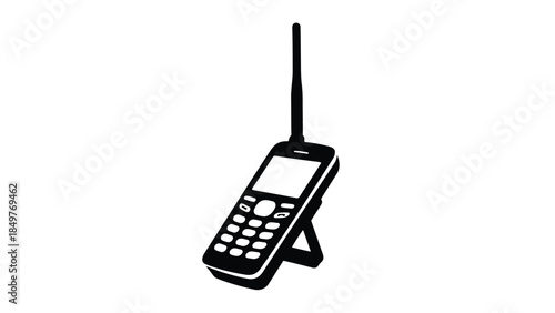 Black silhouette of old mobile phone with antenna isolated on white background