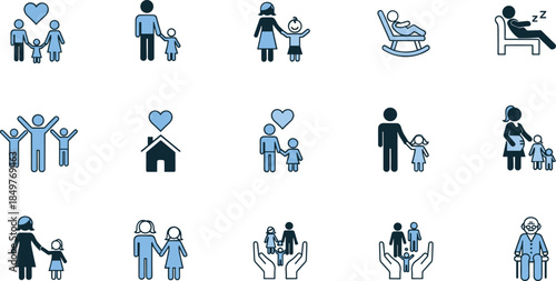 Family care and protection icon set, parents children elderly symbols, home love support concept, flat vector pictogram collection for social services