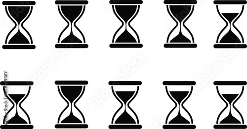 Set of various black hourglass silhouettes with different sand timer designs for time management and deadline concepts on white background