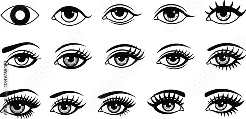 Female eye shapes and eyelash styles vector set, beauty makeup illustration, expressive eyes collection, cosmetic design elements for fashion and graphic use