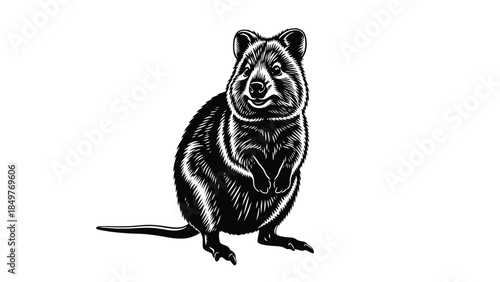 Black and white illustration of a wombat standing on its hind legs isolated on white background