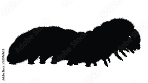 Black silhouette of a fuzzy caterpillar with spiky legs isolated on white background