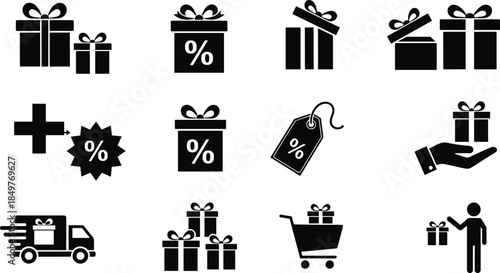 Gift box and discount icon set with sale tags shopping cart delivery symbols, black silhouette illustration for ecommerce promotions, special offers and retail marketing campaigns