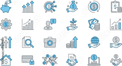 Financial business icons set, representing investment, banking, growth, money management, strategy, savings, global finance, and successful market transactions