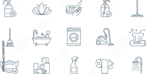 Hygiene and cleaning icons set, household sanitation, hand washing, soap, disinfectant, laundry, bathroom care, health protection, minimal line vector illustration