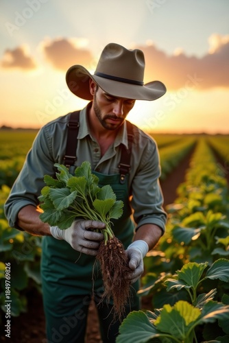 Un agrónomo profesional sostiene raíces de soja y analiza la salud del suelo en extensas tierras de cultivo
