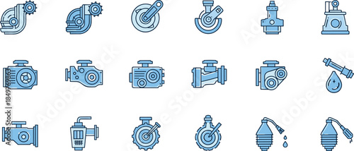 Industrial machinery and mechanical equipment line icons set, valves, pumps, motors, gears, oil systems, engineering maintenance symbols for web and app design