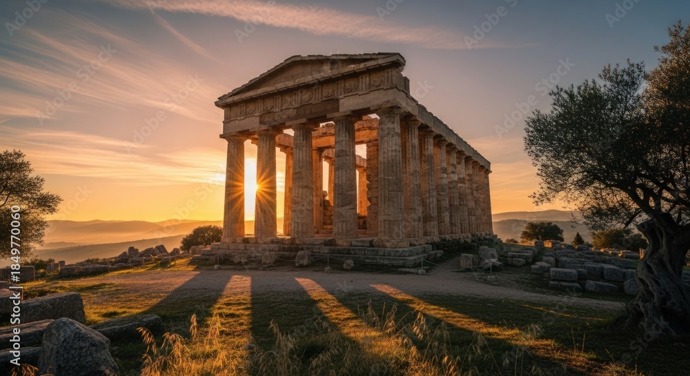 Fototapeta premium Ancient Greek Temple at Sunrise with Dramatic Light and Shadows.