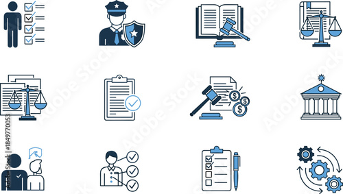 Legal and justice line icons set, law enforcement, court, compliance checklist, regulation symbols, judiciary and legal process illustration for web, app and business design