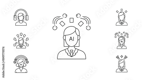 Collection of line icons illustrating artificial intelligence integration with female customer service and business professional roles