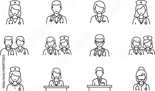Medical staff line icons set, doctors and nurses avatars, healthcare professionals outline illustration, hospital team symbols for web, app, infographic design