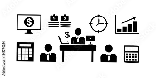 Vector set of business management icons illustrating people, communication, and work concepts