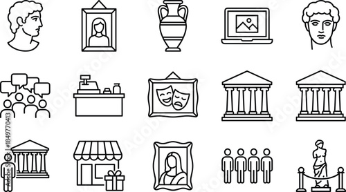 “Minimal line art museum icons set representing art, culture, exhibitions, statues, galleries, tickets, digital displays, theaters, and historical artifacts, perfect for creative design