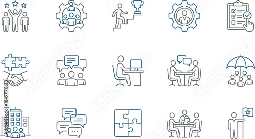 Professional Teamwork, Business Management, Partnership, Strategy Meeting, Success, Corporate Collaboration, Office Building, and Problem Solving Black Line Vector Icon Set