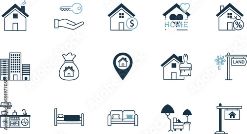 Real estate and property line icons set, home buying, selling, rent, mortgage, investment, location, interior, housing symbols for web and app design