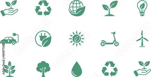 Renewable Resource, Recycling, Electric Vehicle, Solar Power, Nature Conservation, and Climate Change Graphics for Web and Print