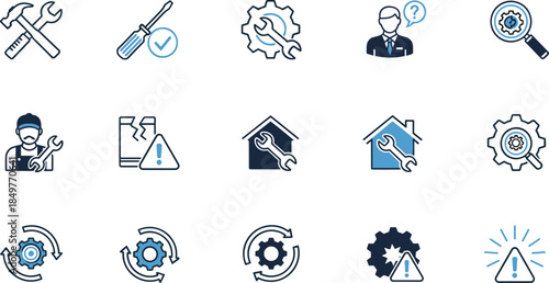 Repair and maintenance icon set illustrating tools, technical support, system configuration, troubleshooting, safety warnings, service workflow, and mechanical engineering solutions