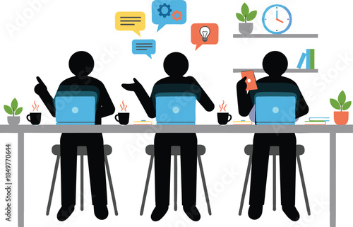 Collaborative remote team working together in modern office space with laptops speech bubbles and creative ideas for successful business project