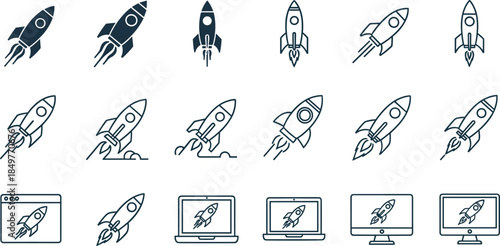 Rocket launch and startup growth line icons set, business innovation, project launch, startup success, speed, technology development symbols for web and app design