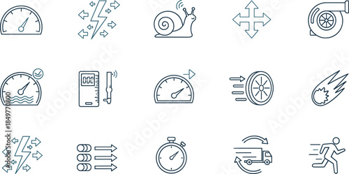 Speed performance icons set featuring velocity acceleration motion delivery efficiency symbols, modern outline vector collection for logistics technology transportation and fast service concepts