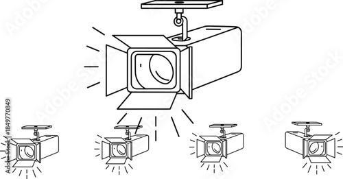 Studio lighting spotlight line illustration set, stage light fixture, professional photography, video production, event illumination equipment symbols for web and graphic design