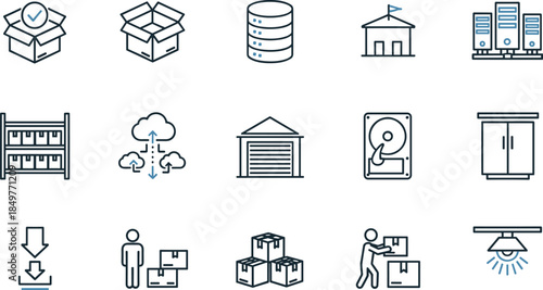 Warehouse and logistics icons set featuring storage boxes inventory database cloud and delivery operations, modern outline vector collection for supply chain management and fulfillment concepts