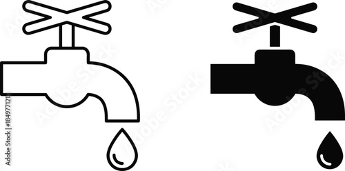 Water tap icon set in solid and outline style representing plumbing, water supply, dripping faucet, conservation, utilities, sanitation, and household infrastructure concepts
