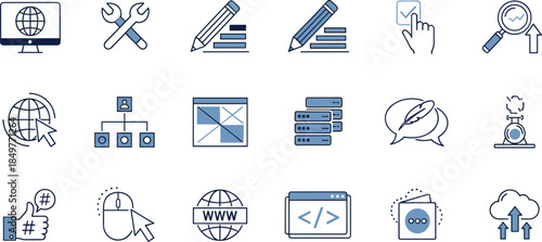 Web development and digital marketing line icons set, coding, analytics, SEO, content management, optimization, cloud upload, online business symbols