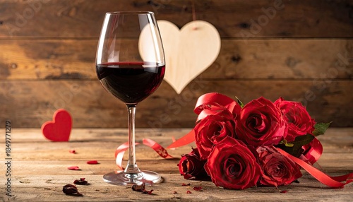 Romantic Red Wine and Roses Celebration Still Life.