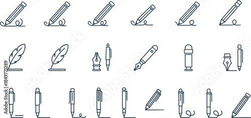 Writing tools and stationery line icons set, pencil, pen, fountain pen, quill illustrations, handwriting symbols, creative education and office design elements