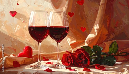 Romantic Evening Celebration with Red Wine Roses and Heart Decorations.