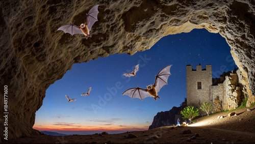 Bats flying near stone castle entrance under darkening sky at dusk .  World Wildlife Day   