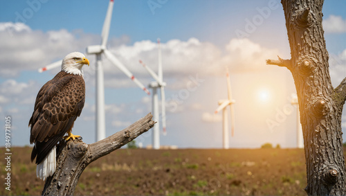Bald eagle perched on a tree trunk in a wind farm at sunset.  World Wildlife Day    