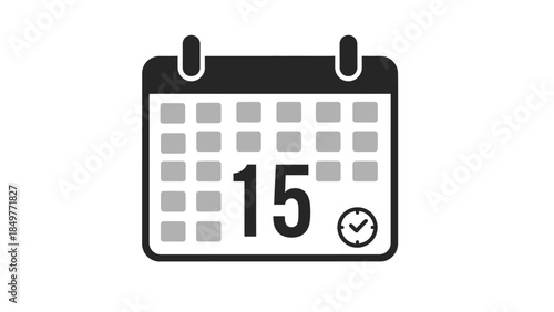 Simple black and white calendar icon highlighting the fifteenth day with a checkmark clock symbol for scheduling deadlines