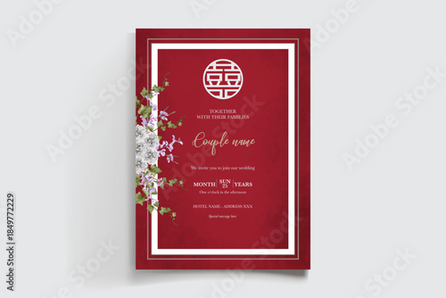 WEDDING INVITATION FRAME WITH FLOWER DECORATIONS AND FRESH LEAVES