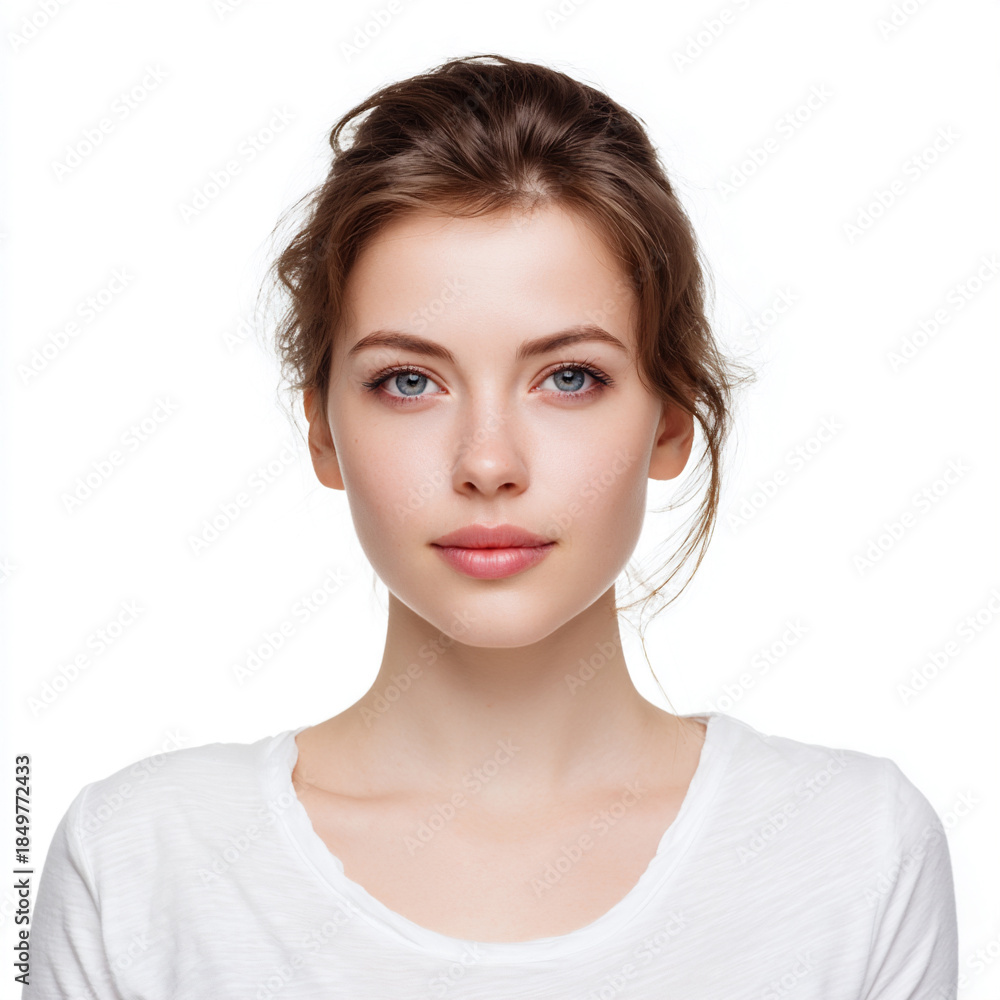 Fototapeta premium Young Adult Woman Portrait, Front View, Minimalist White Clothing