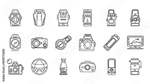 Collection of line art icons representing various vintage and modern photography equipment and surveying tools for design projects