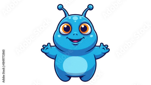 Isolated Friendly cartoon alien character with a cheerful smile raising his arms in the air