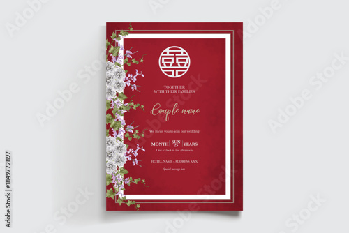WEDDING INVITATION FRAME WITH FLOWER DECORATIONS AND FRESH LEAVES