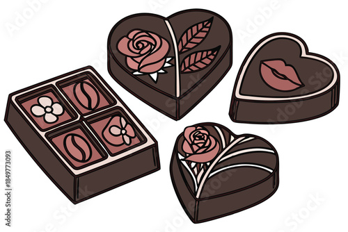 illustrated chocolate pieces in various shapes like love