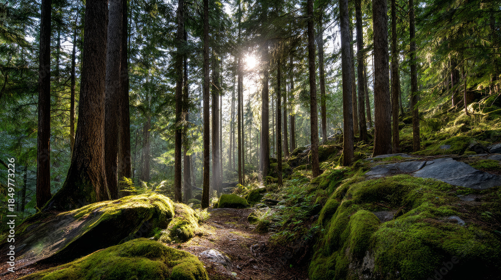 Fototapeta premium Beautiful forest background for screensaver. with sunbeams. Calm close-up of fairytale forest and nature landscape, panorama. Summer vacation, holiday, amazing nature.