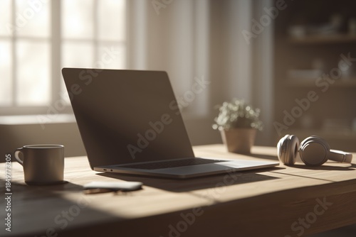 Wallpaper Mural Home Office Setup with Laptop, Coffee, and Headphones in Sunlight Torontodigital.ca