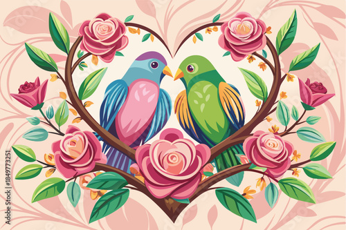 lovebirds cuddling on a heart shaped branch with rose